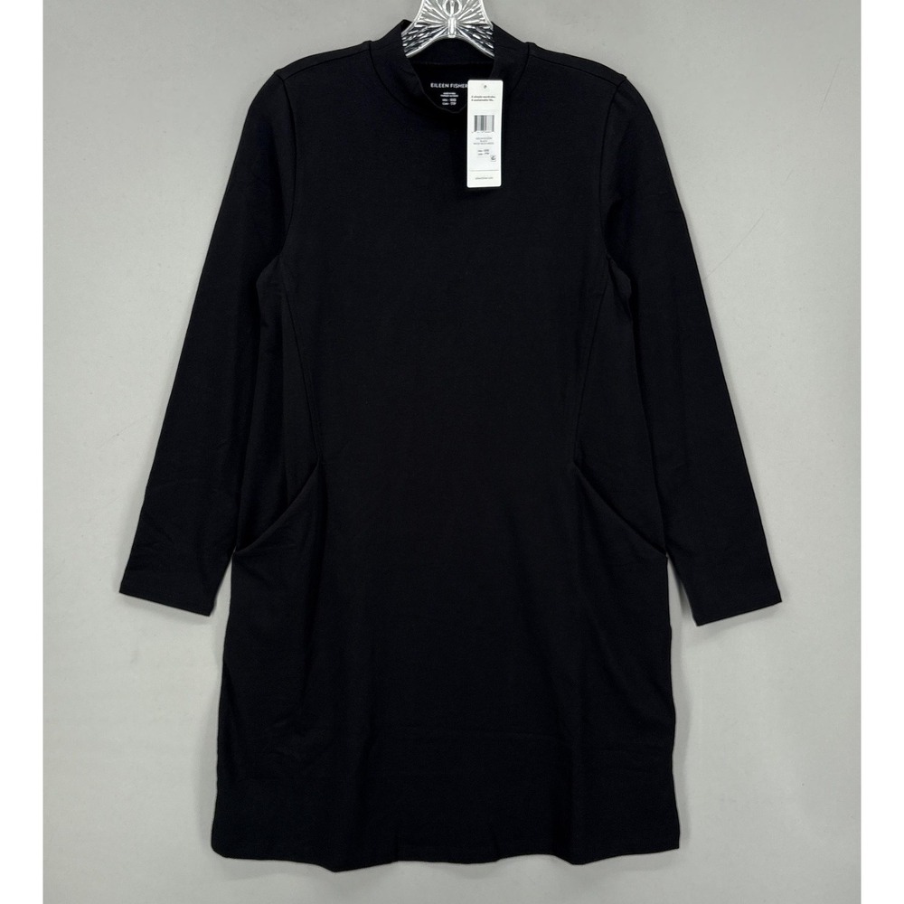 Eileen Fisher Dress 2XS XXS Black Mock Neck Pima Jersey Long Sleeve Shift NWT